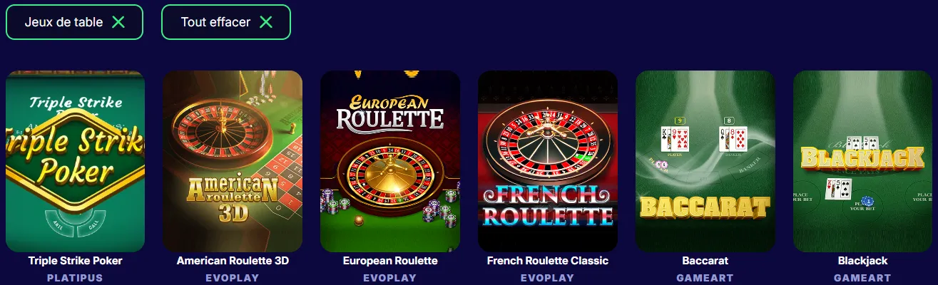 Jeux de table du Spinpanda Casino incluant blackjack et roulette